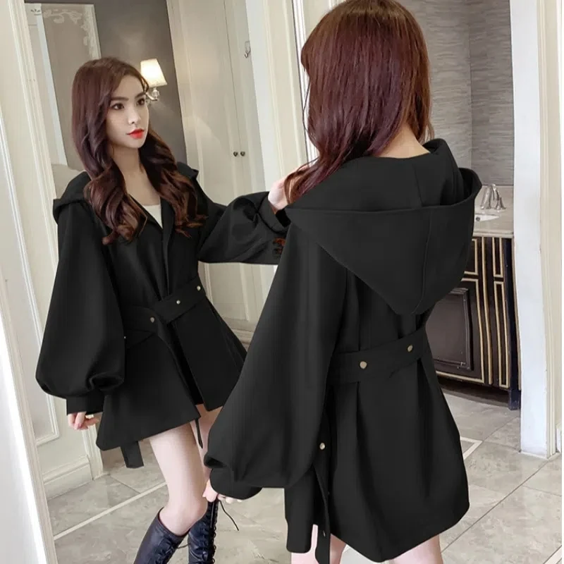 Trench coat feminino 2025 primavera outono moda all-match hepburn blusão jaqueta feminina com capuz cintura lanterna manga outerwear