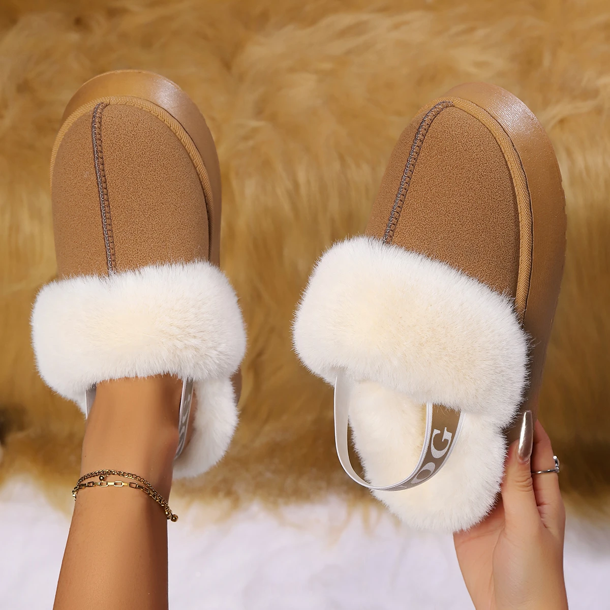 Fashion Platform Women Snow Boots Casual Home Fur Warm Slippers Slingback Hot Sale Boots Brand Plush Cotton Flat Shoes Women