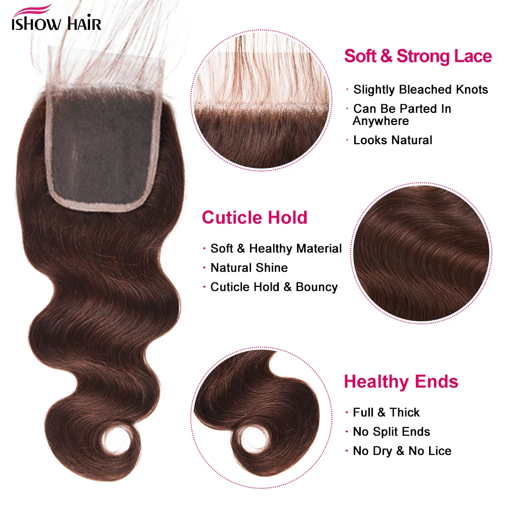 # 4 حزم موجة الجسم اللون البني مع 4x4 الدانتيل إغلاق حزم الشعر البشري مع إغلاق ريمي وصلات شعر بشرية للنساء