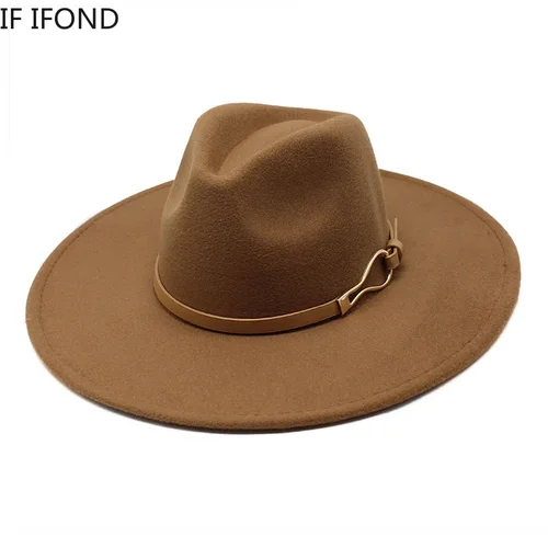 Sombrero Fedora 2022 para mujer, ala ancha grande de 9,5 cm, sombrero de Jazz de fieltro caqui Vintage, gorra de vestir Formal de invierno, sombreros de mujer