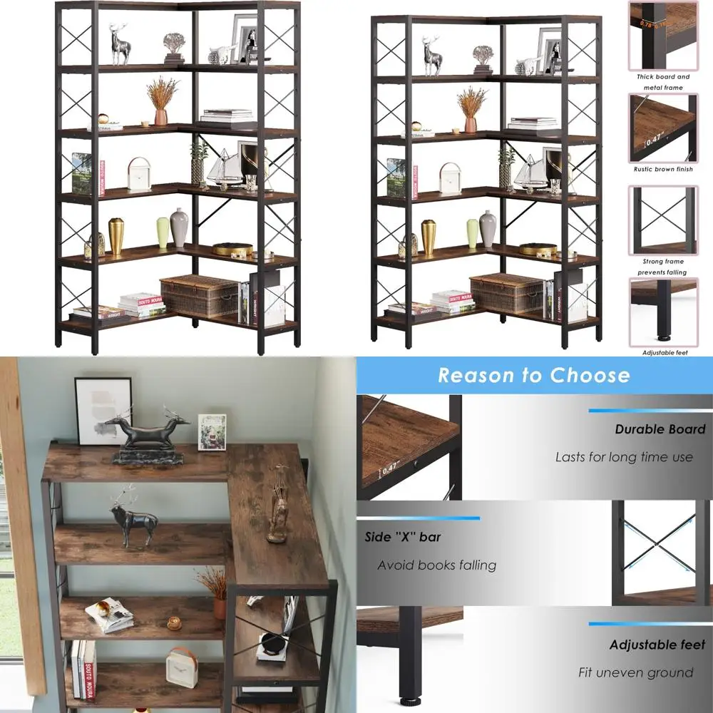 Libreria a L a 6 ripiani in stile industriale con struttura in metallo per ufficio domestico e ampio spazio di archiviazione