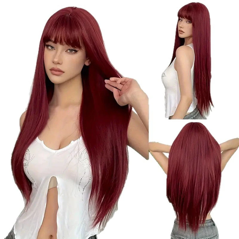 Mujer vestido diario temperamento pelo largo puesta en escena sombreros peluca multicolor bola vestido de noche partido pelo liso