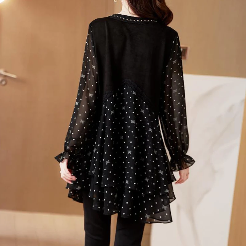 Elegant Fashion Polka Dot Lace Chiffon Shirt Summer Autumn 2023 New V-Neck Long Princess Sleeve Loose Long Blouse Women Clothing