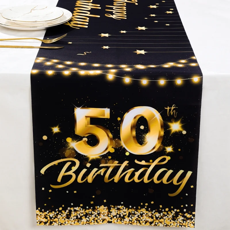 Happy 50th Birthday Table Runner Black Gold 70Inch Long Celebrate 50th Birthday Table Runner for 50 Years Old Men Women Birthday