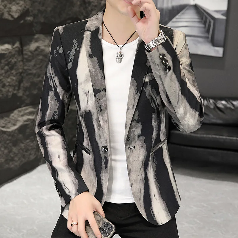 

2023 Autumn Fashion Striped Men Blazers Slim Fit Casual Business Suit Jackets Single Buckle Wedding Social Streetwear Dress Coat