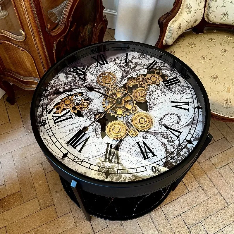 Luxury Coffee Table with Clock Function Large Vintage Side Table Silent Clocks Nordic Storage Home Living Room Decor Furniture