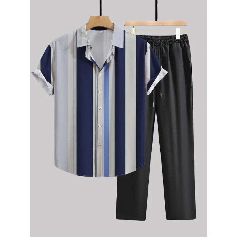 

Мужская повседневная рубашка на пуговицах с короткими рукавами, комплект из двух предметов, полосатая 3D-печать, пляжная повседневная одежда, комплект из двух предметов большого размера