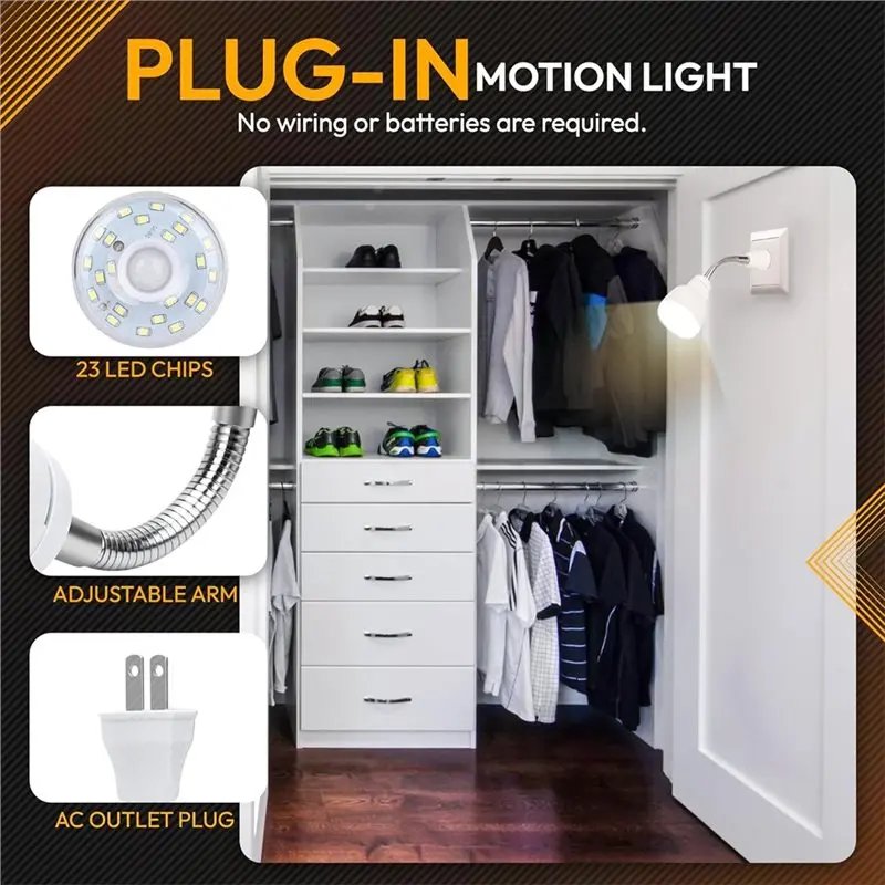 Premium-Flexible LED Motion-Activated Directional Rotating Sensor Wall Stair Lamp Dusk To Dawn Night Light AC Outlet Plug-In US