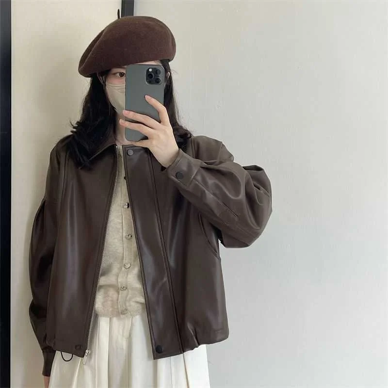 Womens Retro Lapel PU Leather Jacket Spring Autumn Solid Zipper Outwear Trendy Bottom Drawstring Motorcycle Coat Lady Casual Top