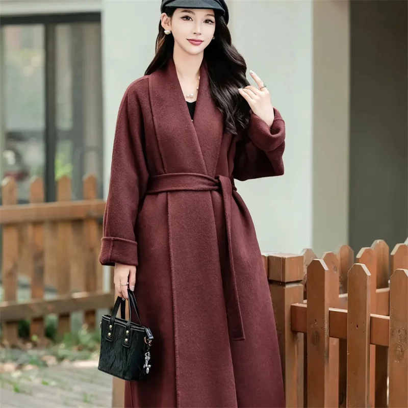 Women Double-Sided 100% Wool Coat Jacket Women Long Beautiful Woolen Winter Autumn Warm Fashion Water Ripple Cloak