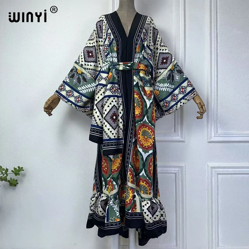 WINYI muslim woman dresses Elegant kaftan party Dress Middle East Female loose kaftan abaya dubai luxury Print Caftan beachwear