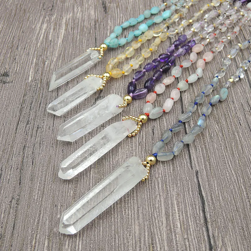 Crystal Quartz Pillar Point Pendant Necklace 6-8mm 8-10mm Mixed Stones Chips Beads Knot Handmade 30Inches 40Inches