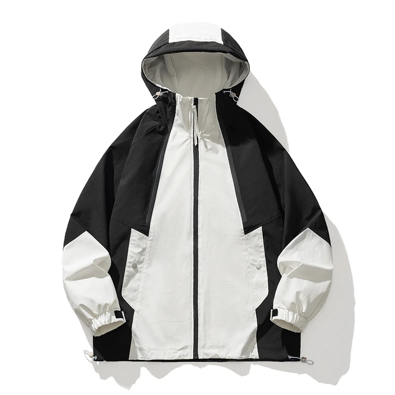 

New Men's Waterproof Rain Jacket Unisex Raincoat Hooded Hiking Jackets Windbreaker Black White Outdoor Thin Sports Coats Autumn