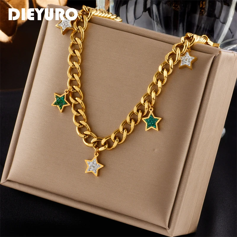 DIEYURO 316L Stainless Steel Star Pendant Necklace For Women New Rustproof Punk Hip Hop Rough Chain Girl Party Jewelry Gift