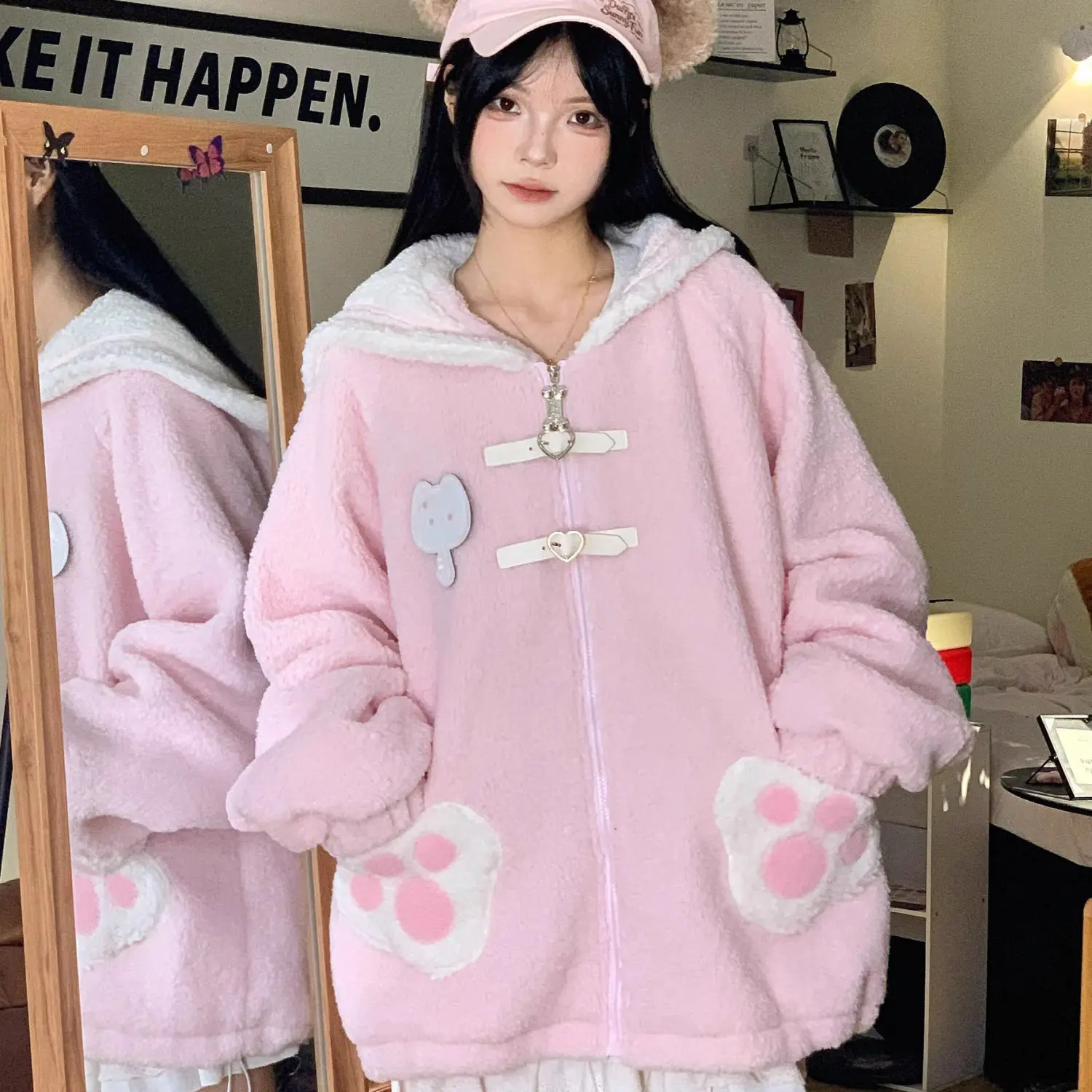 Sanrio Hello Kitty Cute Soft Girl Lamb Fleece Coat Japanese Style Navy Collar Cotton Coat Women Winter Thick Warm Cotton Jacket