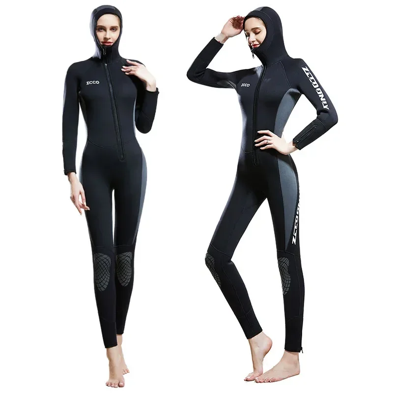 Wetsuit Women 5mm Neoprene diving suit one-Piece Hooded Wetsuits Front Zipper lady Surfing Suit Winter Cold Swimsuit