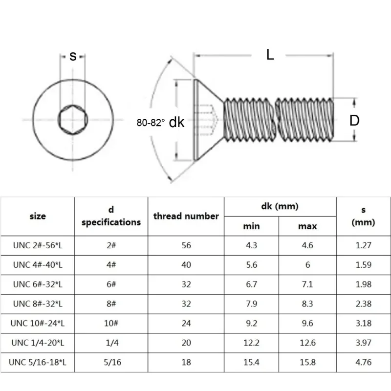UNC US 2#-56 4#-40 6#-32 8#-32 10#-24 304 Stainless Steel Hex Hexagon Socket Flat Countersunk Head Screw Bolt