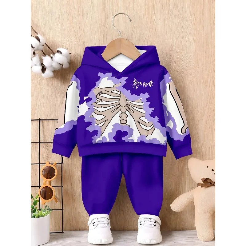Toddler Boys Girls Hooded Jogger 2Pcs Tracksuit, Skeleton Dad&Me Hand Print Drip Graffiti Casual Daily Kids Outfit