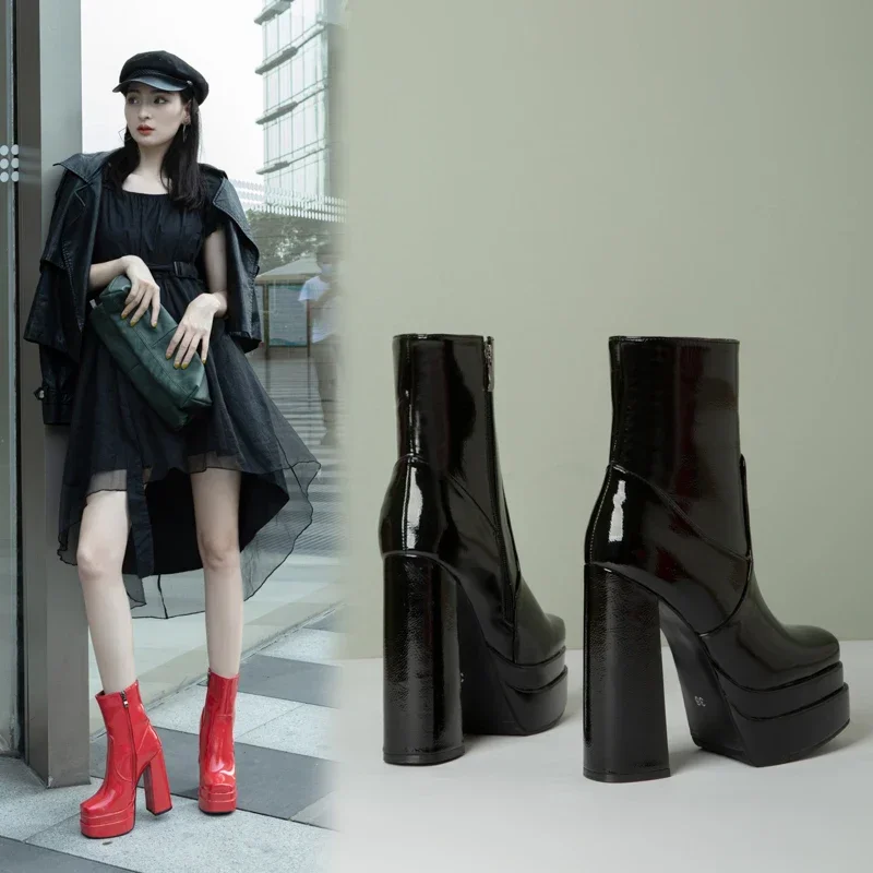 Elegant Women Platform Ankle Boots Black Red Patent Leather High Block Heels Sexy Club Party Ladies Square Toe Plush Short Boots