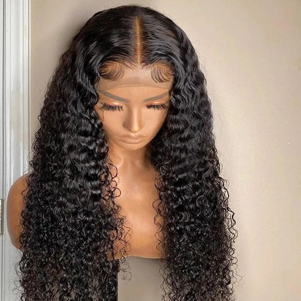 Sem cola 26 polegada macio natural preto 180 densidade longo kinky encaracolado peruca dianteira do laço profundo para mulheres com cabelo do bebê pré-arrancado diariamente