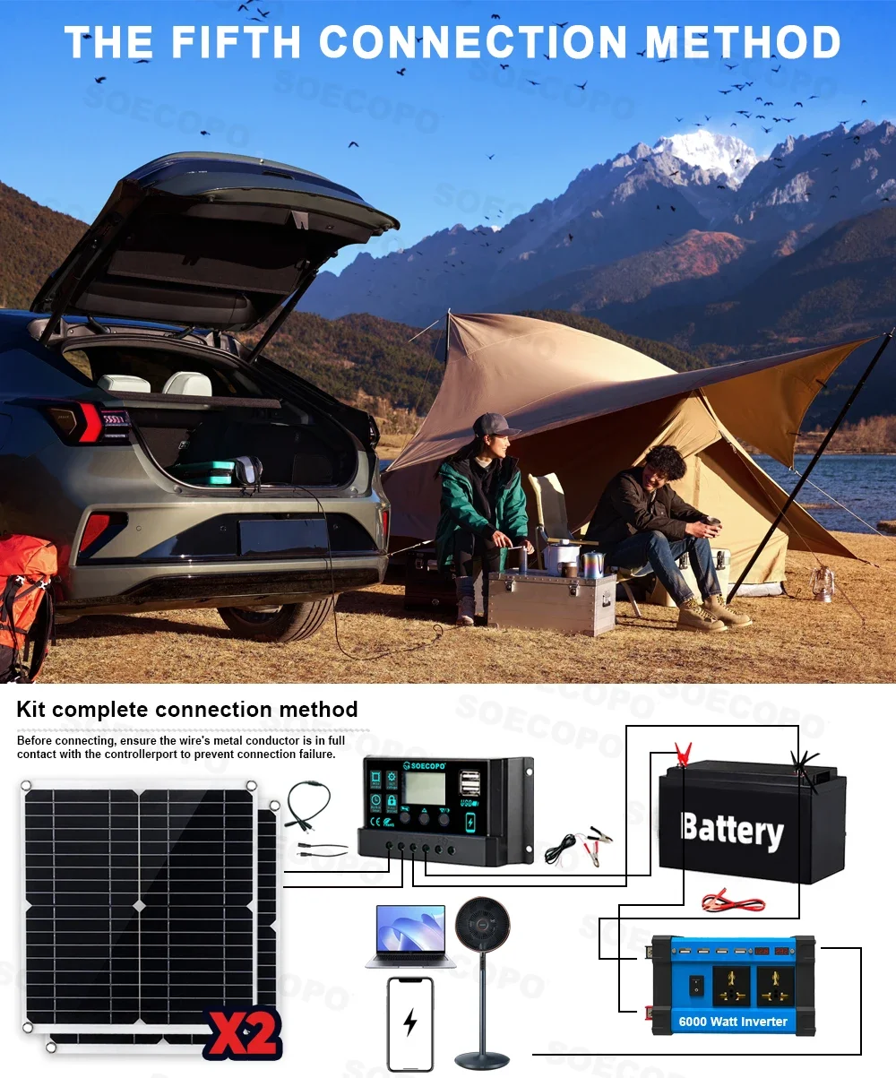 SOECOPO 6000W 2*300W Solar Panels Solar System Complete Set 220V DC 12V - AC 110V/220V Inverter Camping 100A Controller System