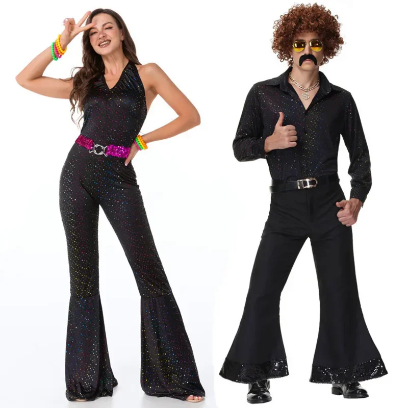 

Couple Halloween Cosplay Costumes Vintage 70's 80's Hippies disco Costume Men Women Music Festival Party Clothes Outfits