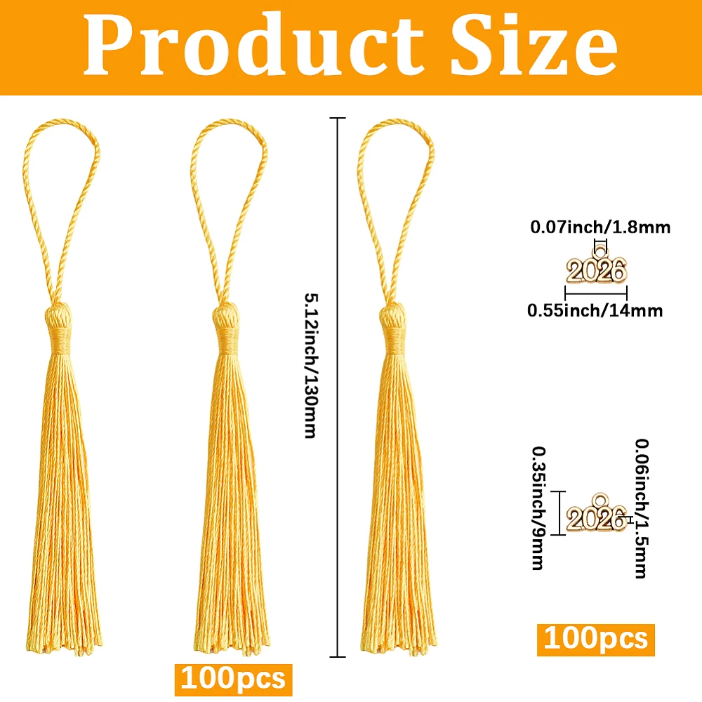 100Pcs 2026 Graduation Hat Charm Gold Graduation Tassel with 100Pcs Polyester Tassel Alloy Number Pendants Charms Ornaments Kits