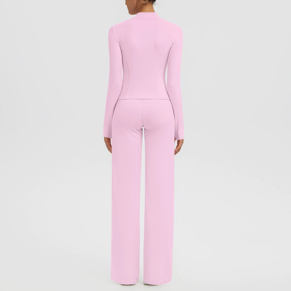 Rooftrellen 2PCS Women's Yoga Set Slim Quick Drying Yoga Zipper Long Sleeves Workout Top High Stretch Loose Wide Leg Pants Set