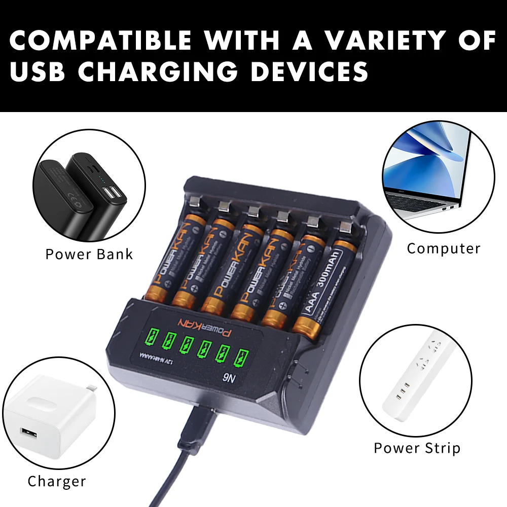 POWERKAN N6 Battery charger for 1.2V Ni-MH AA AAA No.5 No.7 batteries charge 1~6 batteries at the same time, type C 2A