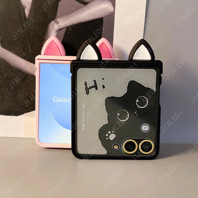 Cute Cat Ears Hinge Phone Case For Samsung Galaxy Z Flip 8 7 6 5 4 3 flip6 zflip7 ZFlip 8 Cover