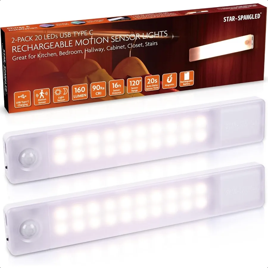 

Освещение под шкафом Перезаряжаемые 8-дюймовые светильники с датчиком движения Внутренние USB-накопитель на батарейках Светодиодный магнитный светильник для шкафа