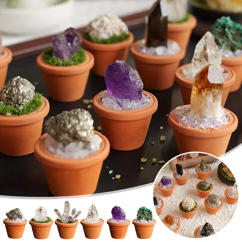 

Crystal Stones Mini Clay Pot Base Healing Gemstones Potted Crafts Feng Shui Home Decor Plant Shape Clay Pot Ornament