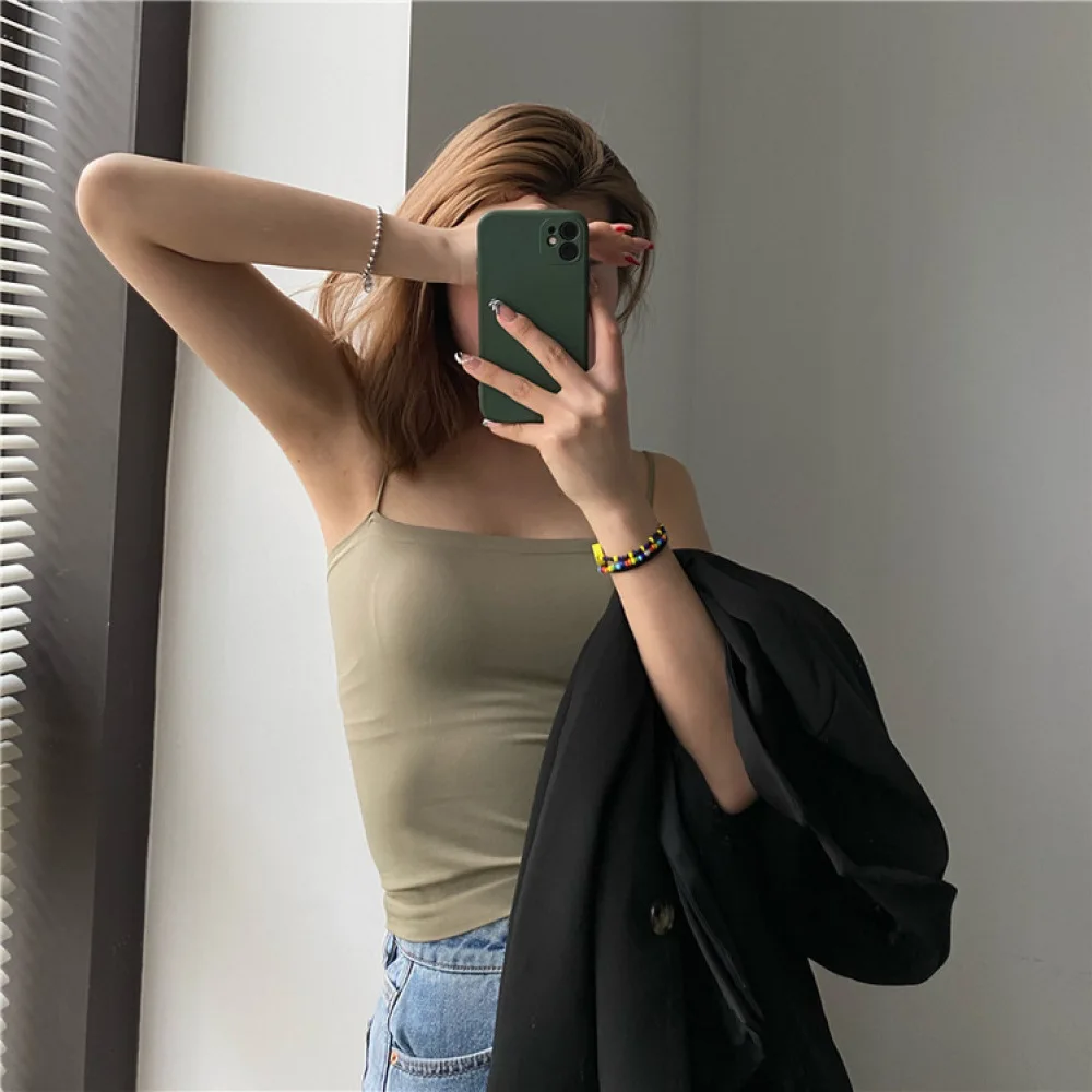 Women Solid Color Padded Camisole Seamless Tank Top Backless Elastic Vest Breathable Underwear For Yaming Er Daily Outfit