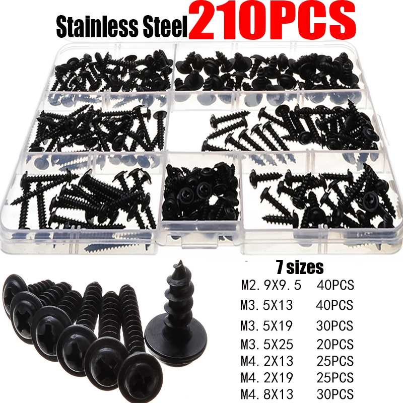 

210Pcs M2 M3 M4 Black Oxide Phillips Stainless Set Screws Round Head Cross Machine Assort PWA Self-tapping Fasteners Kit 7Sizes