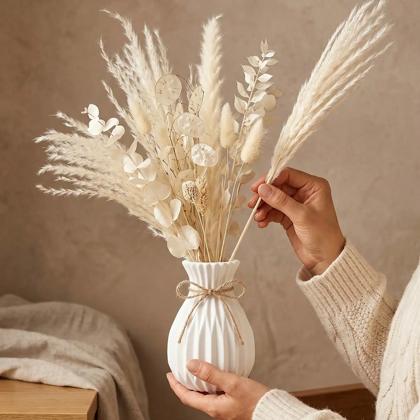 1pc Modern Boho Diamond Pleated Flower Vase with Jute Bow for Pampas Grass Dried Flowers Home Bedroom Office Wedding Table Decor