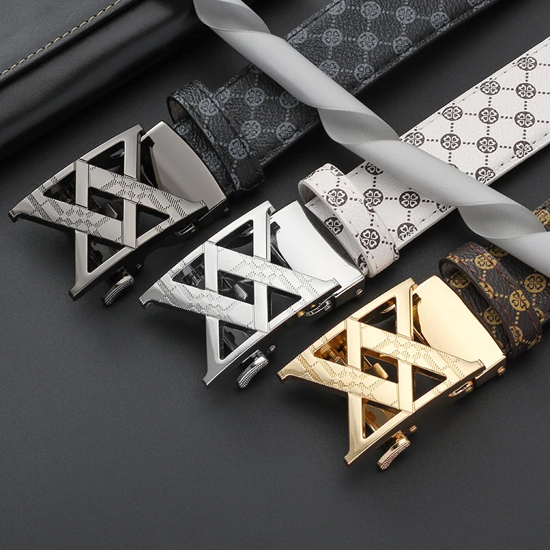 Men's Automatic Buckle Belt Hollow Geometric Buckle Ratchet Slide No-Hole Adjustable Business Casual
