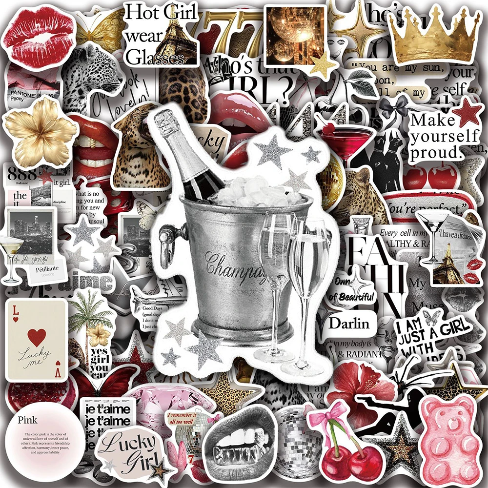 

10/30/50/100pcs INS Style Golden Silver Lucky Girl Stickers Retro Y2K Aesthetic Decals Suitcase Laptop Phone Cool Sticker Decor