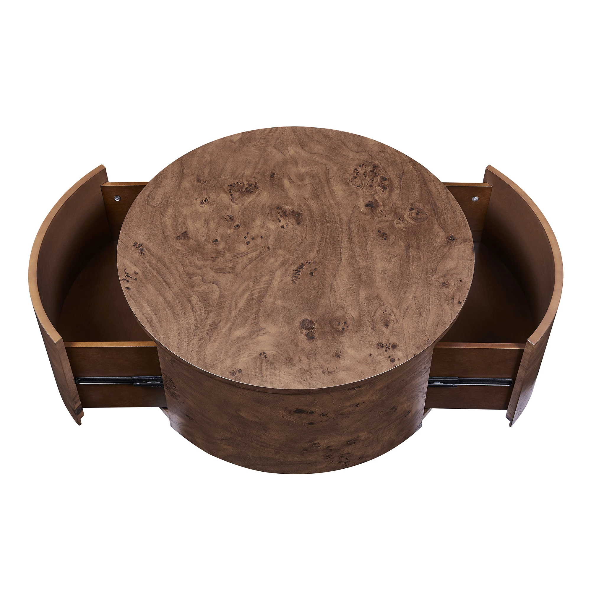 #Burl Wood Rotating Coffee Table With 2 Drawers, 360° Rotating Top, Walnut