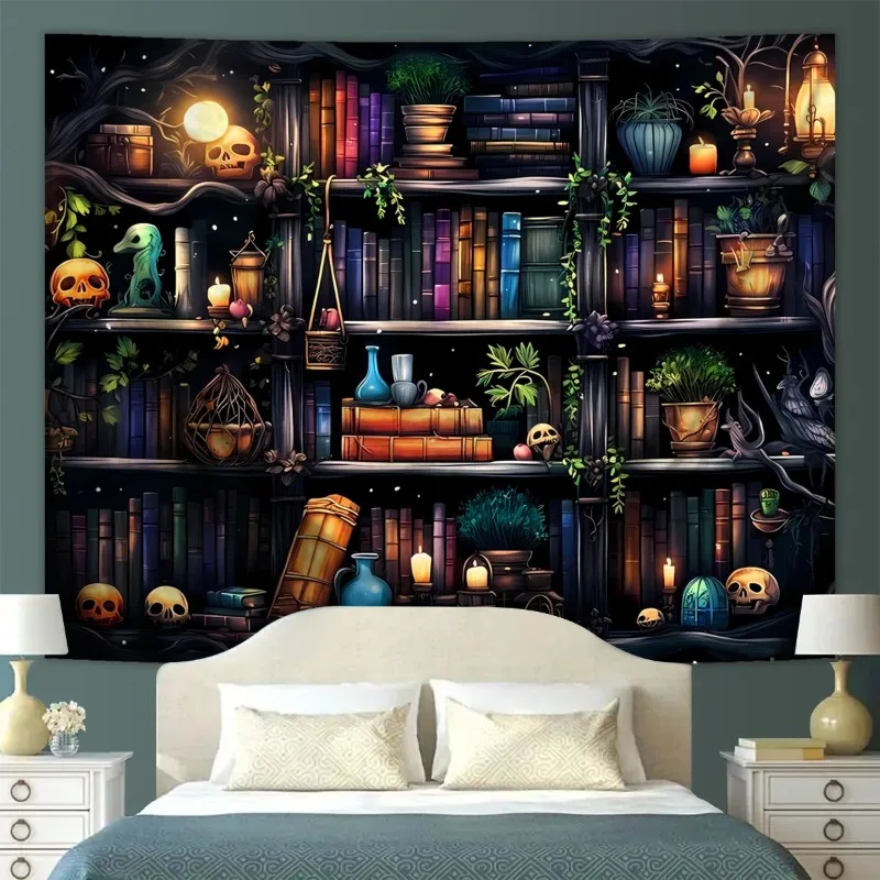 

1pc Bookshelf tapestry, magical Gothic cowhead bone witch, retro plant mysterious education bookshelf tapestry 180x320cm
