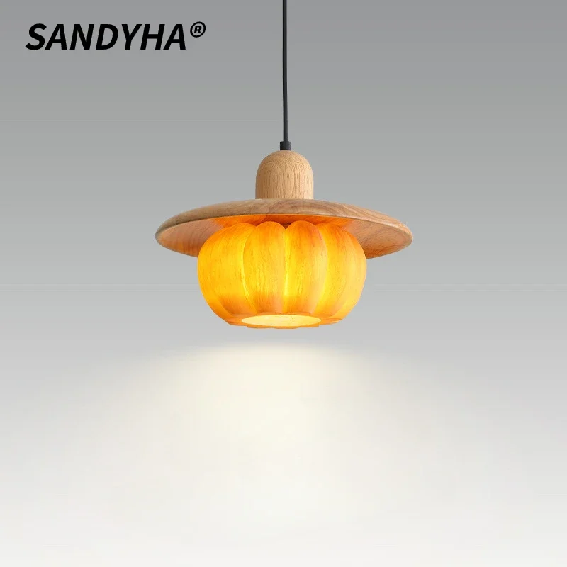 

SANDYHA Retro Pumpkin Pendant Light Wooden Hanging Lamp Bedroom Bedside Study Dining Table Bar Counter Led Ceiling Chandelier