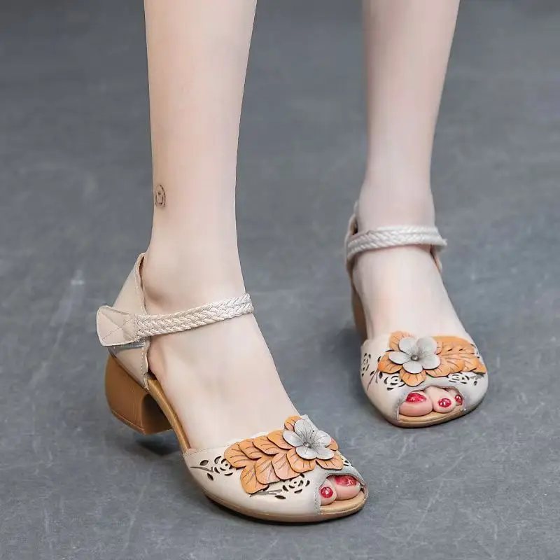 Women Ethnic Style Block Heel Peep Toe Sandals Summer New Soft sole Non Slip Genuine Leather Cover Heel Velcro Flower Sandals