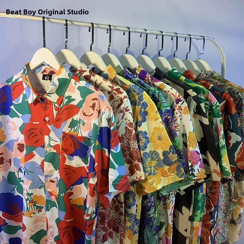 

Retro Japanese Sle Monet Floral Print Men's ort Sve irt Summer Beach Casual Loose Fit Youth Trend Polyester Fiber