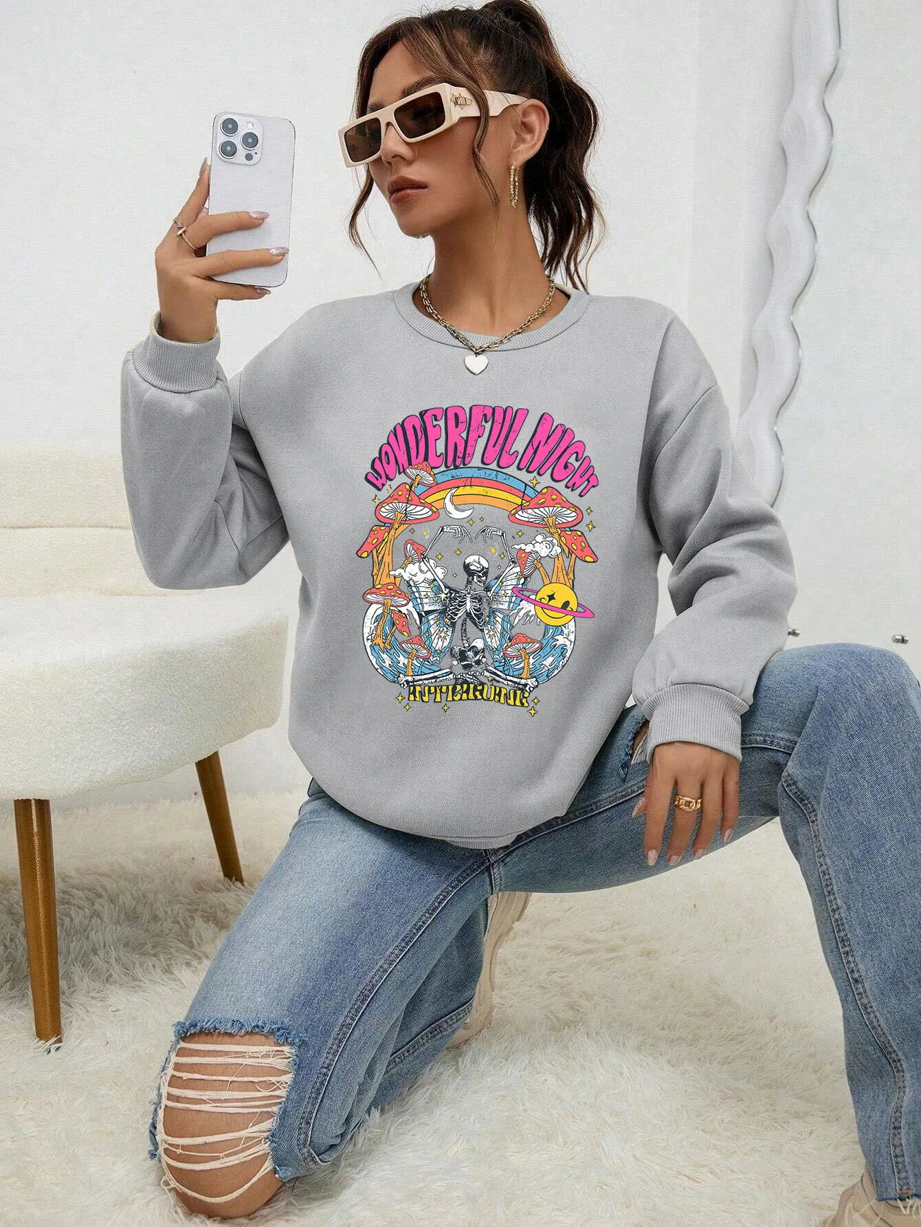 Wonderful Night Skeleton Butterfly Wave Printing Hooded For Female Creative Crewneck Sweatshirt Hip Hop Comfortable Streetwear