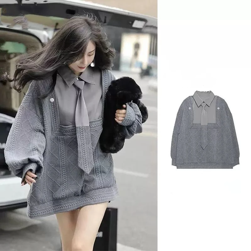 

Chic Splice Fake Two-piece Sweatshirts Women Fashion Korean Lantern Sleeve Loose Pullovers Spring Autumn Turn-down Collar Tops
