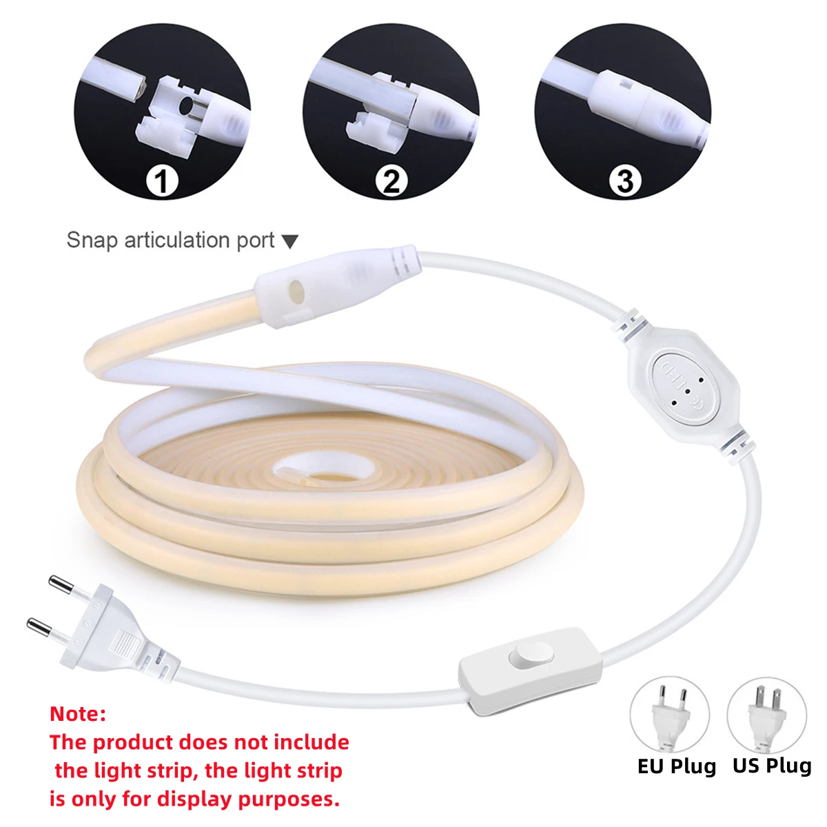 EU/US Plug for 220V/110V COB LED Strip Power Supply Plug with Button Switch Cable, Light Accessories Plug Connector