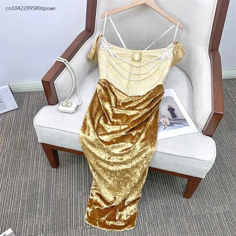 MN1 Spaghetti Strap Vintage Designer Runway Gold Party Sexy Women Dress Lady Chic Trendy European Elegant 20249*Jy