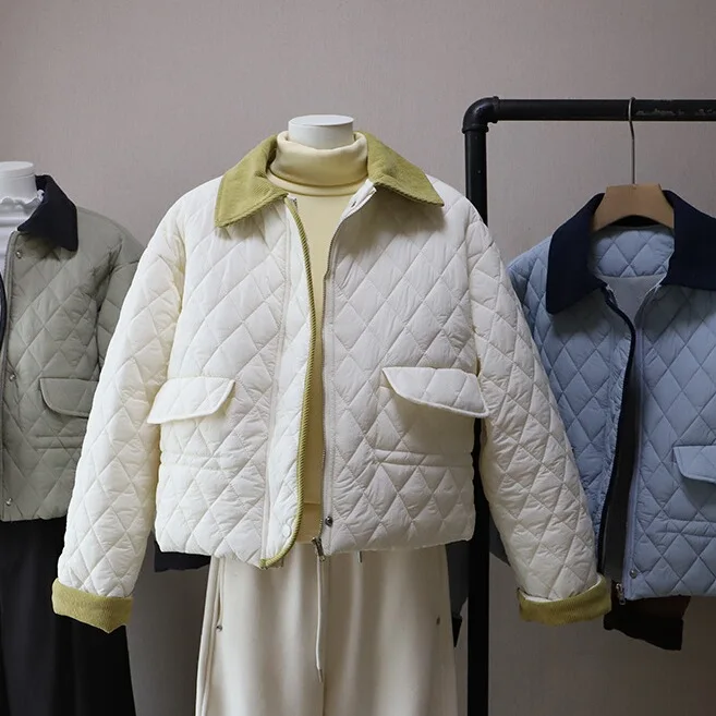 

Korean Sle ort Thiened Cotton Jaet Top Loose Simple Anti-Aging Small Size Rhombus Pattern Cotton Coat for Women