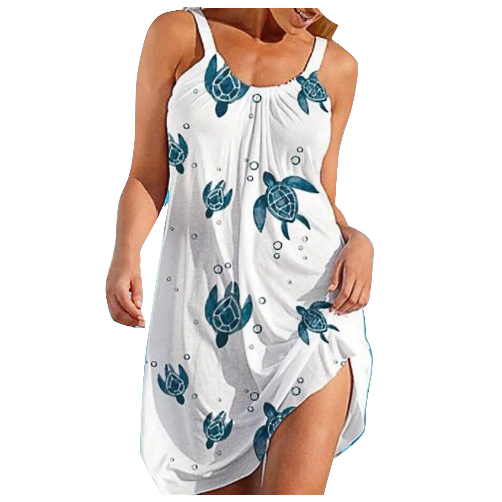 Vestido largo con estampado de tortuga marina para mujer, prenda sin mangas, informal, con dobladillo, holgado, para vacaciones y playa, 3d