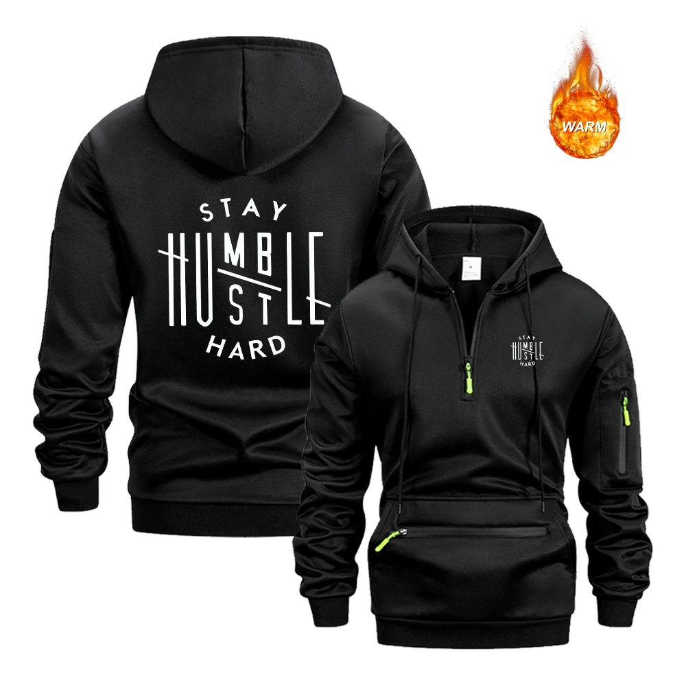 Men's Creative Word Print Half Zip Hoodies With Zippered Pockets Warm Pullover Sweatshirt For Autumn Daily Running And Commute