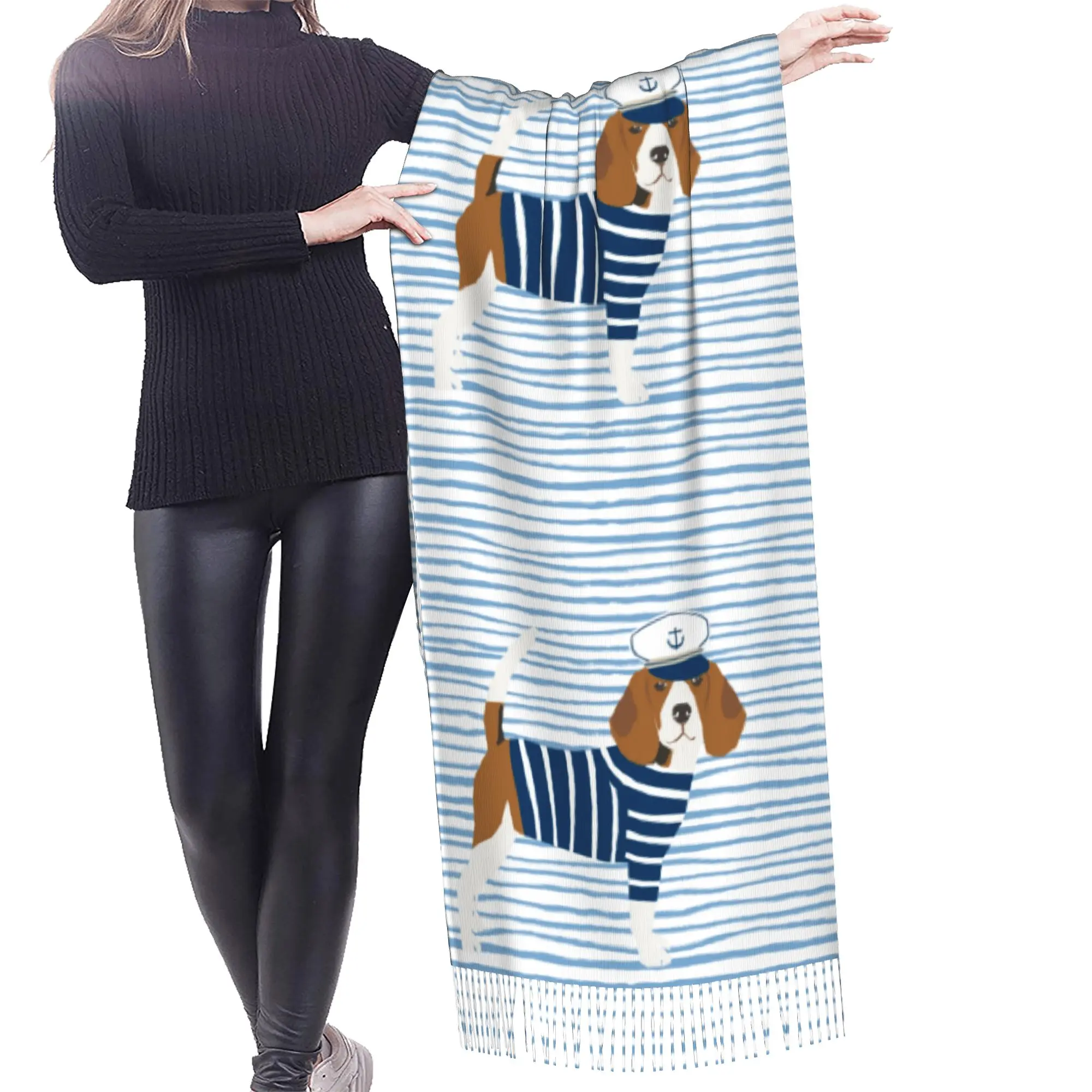 Custom Beagle Dog Pattern Nautical Sailor Gifts Breeds Pet Friendly Scarf Wrap Women Long Winter Fall Warm Tassel Shawl Scarves